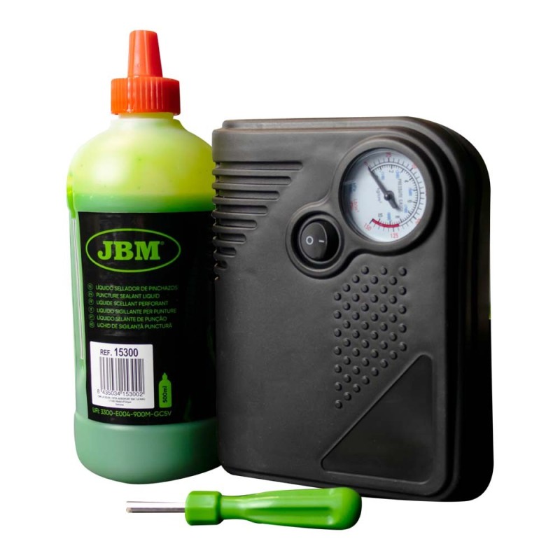 JBM profi set za krpanje guma s tekućinom 500 ml i prijenosnim kompresorom 12V
